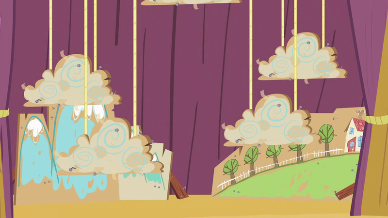 Size: 1280x720 | Tagged: safe, derpibooru import, screencap, flight to the finish, backdrop, background, cloud, curtain, house, image, mountain, no pony, png, rope, scene, scenic ponyville, tree