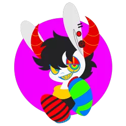Size: 2160x2160 | Tagged: safe, artist:connorbal, derpibooru import, oc, oc:opie, unofficial characters only, pony, bright colours, clothes, freckles, horns, image, lineless, neon, pierced ears, piercing, png, rainbow, sharp teeth, solo, sweater, teeth