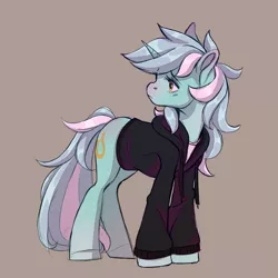 Size: 1261x1261 | Tagged: safe, artist:1an1, derpibooru import, lyra heartstrings, pony, unicorn, brown background, clothes, dig the swell hoodie, female, hoodie, image, looking back, mare, png, simple background, solo