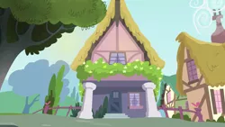Size: 1280x720 | Tagged: safe, derpibooru import, screencap, flight to the finish, background, cloud, fence, image, no pony, png, ponyville, scenic ponyville, scootaloo's house, tree