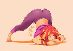 Size: 2000x1400 | Tagged: suggestive, artist:sozglitch, derpibooru import, sunset shimmer, equestria girls, angry, ass, ass up, breasts, bunset shimmer, busty sunset shimmer, butt, cross-popping veins, face down ass up, female, image, jacko challenge, jpeg, large butt, meme, nail polish, orange background, simple background, solo, solo female, sweat, tiptoe, toenail polish