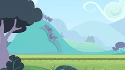 Size: 1280x720 | Tagged: safe, derpibooru import, screencap, flight to the finish, background, bush, cloud, hill, image, mountain, no pony, png, railroad, scenery, scenic ponyville, sky, tree