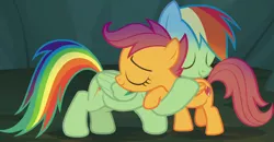 Size: 1716x894 | Tagged: safe, derpibooru import, screencap, rainbow dash, scootaloo, pony, campfire tales, season 7, cropped, eyes closed, female, filly, hug, image, mare, png