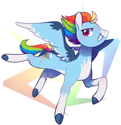 Size: 1846x1905 | Tagged: safe, artist:catbun-yt, derpibooru import, rainbow dash, pegasus, pony, alternate hairstyle, coat markings, colored hooves, colored wings, cute, dashabetes, female, image, mare, multicolored wings, png, redesign, smiling, socks (coat marking), solo, spread wings, tail feathers, wings