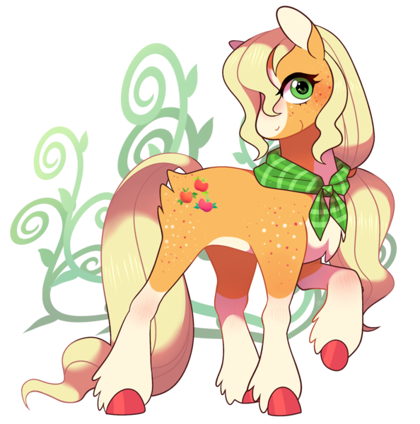 Size: 2012x2032 | Tagged: safe, artist:catbun-yt, derpibooru import, applejack, earth pony, pony, blaze (coat marking), butt fluff, coat markings, colored hooves, cute, facial markings, female, freckles, hatless, high res, image, jackabetes, leg fluff, mare, missing accessory, neckerchief, png, redesign, socks (coat marking), solo