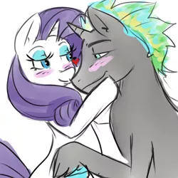 Size: 800x800 | Tagged: safe, artist:krispykakes, derpibooru import, rarity, oc, oc:tidal drift, pony, unicorn, blushing, canon x oc, female, floating heart, heart, hoof on face, image, lidded eyes, looking at each other, male, mare, png, raised hoof, requested art, shipping, simple background, smiling, stallion, straight, unshorn fetlocks, white background