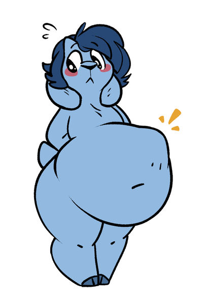 Size: 824x1255 | Tagged: suggestive, artist:mulberrytarthorse, derpibooru import, oc, oc:huckleberry bleu, anthro, goat, abdominal bulge, arm behind back, belly, belly button, bhm, big belly, blue fur, blue hair, blushing, chubby, cute, fat, fat fetish, fetish, floppy ears, hooves, image, implied vore, looking to side, looking to the left, male, male pred, overweight, png, pudgy, round belly, shy, sideways glance, struggling, stubby tail, sweat, sweatdrops, thighs, thunder thighs, tubby, unknown prey, vore, wide hips