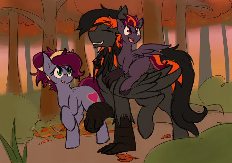 Size: 1600x1124 | Tagged: safe, artist:candel, derpibooru import, oc, oc:blazing heart, oc:crafted sky, oc:sweeping quill, earth pony, hippogriff, pony, autumn, family, forest, image, neck feathers, png, shipping, sunset, talons, tree, walking, wings