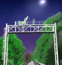 Size: 3927x4096 | Tagged: safe, artist:inisealga, derpibooru import, oc, oc:lunar signal, unofficial characters only, bat pony, hybrid, unicorn, bat pony oc, bat wings, forest, horn, hybrid oc, image, jpeg, moon, night, railroad, train tracks, tree, unicorn oc, wings