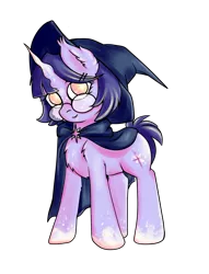 Size: 3029x3970 | Tagged: safe, alternate version, artist:coco-drillo, derpibooru import, twilight sparkle, pony, unicorn, alternate design, alternate hairstyle, chest fluff, cloak, clothes, ear fluff, glasses, hat, image, looking at you, png, redesign, simple background, solo, standing, standing up, transparent background, witch hat