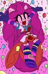 Size: 1336x2048 | Tagged: safe, artist:tenebrousmelancholy, derpibooru import, pinkie pie, anthro, earth pony, unguligrade anthro, accessories, balloon, blushing, clothes, compression shorts, confetti, digital art, female, image, pinkie being pinkie, png, shorts, simple background, socks, solo, stockings, thigh highs