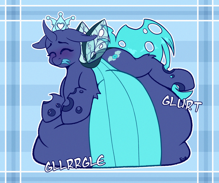 Size: 2400x2000 | Tagged: questionable, semi-grimdark, alternate version, artist:etoz, derpibooru import, oc, oc:sektiss, unofficial characters only, changeling, pony, :p, abstract background, belly, belly bed, big belly, blue changeling, blushing, changeling oc, commission, crown, eyebrows, eyes closed, female, fetish, happy, huge belly, image, impossibly large belly, jewelry, long tongue, mare, png, predator, regalia, smiling, soft vore, solo, stomach noise, text, tongue out, vore, ych result