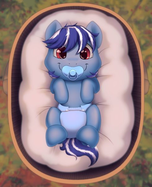 Size: 864x1057 | Tagged: safe, artist:binkyroom, derpibooru import, oc, pegasus, pony, baby, baby pony, basket, commission, diaper, finished version, image, looking at you, pacifier, png, smiling, smiling at you, solo, ych result