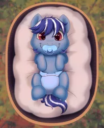 Size: 864x1057 | Tagged: safe, artist:binkyroom, derpibooru import, oc, pegasus, pony, baby, baby pony, basket, commission, diaper, finished version, image, looking at you, pacifier, png, smiling, smiling at you, solo, ych result