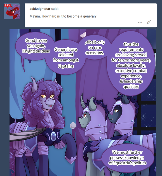 Size: 1105x1198 | Tagged: safe, artist:mylittlesheepy, derpibooru import, oc, oc:amelia, oc:dusk shadow, oc:knight star, bat pony, pony, unicorn, armor, ask the lunar general, female, image, male, mare, night guard armor, png, stallion