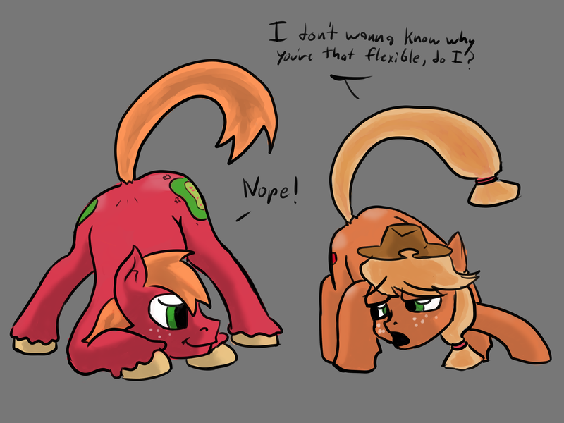 Size: 4000x3000 | Tagged: safe, artist:fumalunga, derpibooru import, applejack, big macintosh, earth pony, pony, brother and sister, dialogue, face down ass up, female, gray background, image, jacko challenge, male, mare, meme, png, siblings, simple background, stallion