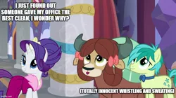 Size: 888x499 | Tagged: safe, derpibooru import, edit, edited screencap, screencap, rarity, sandbar, yona, earth pony, pony, unicorn, yak, she's all yak, bowtie, caption, clothes, crown, dress, female, image, implied sex, jewelry, jpeg, male, mare, open mouth, open smile, regalia, shipping, shipping fuel, smiling, straight, text, totally innocent, totally not lying, trio, yonabar