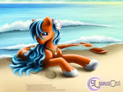 Size: 700x525 | Tagged: safe, artist:customlpvalley, artist:flyingpony, derpibooru import, oc, unofficial characters only, merpony, seapony (g4), beach, blue mane, female, fish tail, flower, flower in hair, flowing mane, g1, image, jpeg, logo, looking at you, lying down, ocean, purple eyes, sand, smiling, solo, sunlight, tail, water, wave