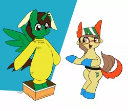 Size: 1796x1558 | Tagged: safe, artist:taurson, derpibooru import, oc, oc:ferb fletcher, oc:frost d. tart, alicorn, pegasus, alicorn oc, bipedal, box, clothes, cosplay, costume, dr. seuss, fox in socks, hat, horn, image, jpeg, socks, solo, wings