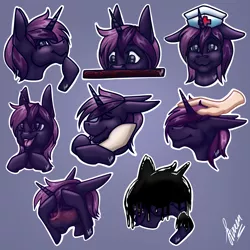 Size: 8000x8000 | Tagged: safe, artist:stirren, derpibooru import, oc, unofficial characters only, goo, pony, unicorn, bust, hat, head pat, image, nurse hat, pat, peeking, png, portrait, shy, smiling, sticker, sticker set