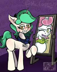 Size: 3000x3750 | Tagged: safe, artist:mrcapriccio, derpibooru import, oc, oc:dolce spiaro, oc:mint pop, pony, unicorn, abstract background, alter ego, alternate design, alternate hairstyle, disguise, disgusted, female, high res, image, jpeg, mare, mirror, neckerchief, reflection, solo