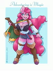 Size: 3072x4096 | Tagged: safe, artist:ambris, derpibooru import, pinkie pie, anthro, earth pony, unguligrade anthro, adventuring is magic, bard, bard pie, big breasts, blunderbuss, boots, breasts, busty pinkie pie, cape, cleavage, clothes, colored pupils, dungeons and dragons, fantasy class, female, image, jpeg, lute, multiple variants, musical instrument, open mouth, pen and paper rpg, raised leg, remake, rpg, shoes, smiling, solo, weapon
