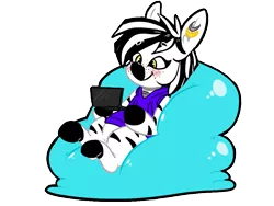 Size: 960x720 | Tagged: safe, artist:krispykakes, derpibooru import, oc, oc:pixel, unofficial characters only, zebra, beanbag chair, blushing, clothes, commission, ear piercing, earring, female, freckles, hoodie, image, jewelry, mare, piercing, playing video games, png, simple background, smiling, solo, transparent background, video game, zebra oc