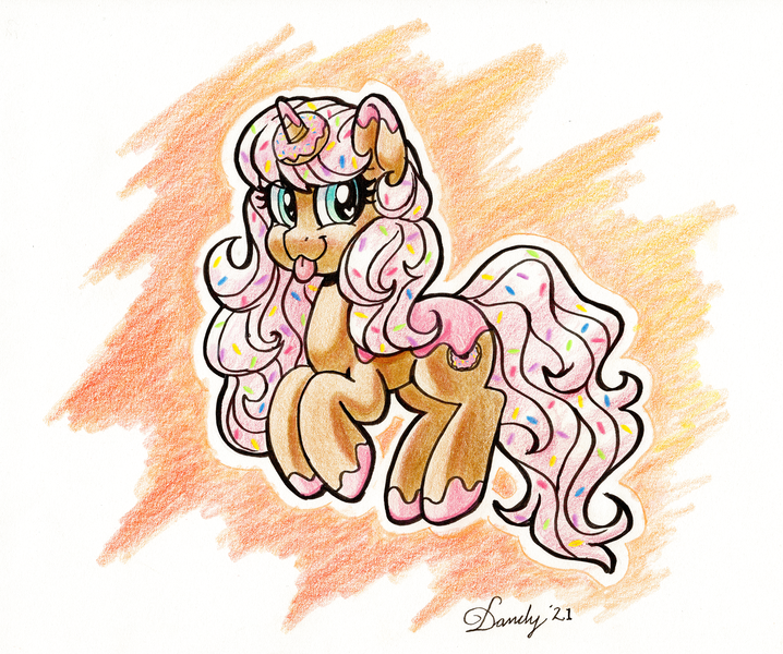 Size: 3164x2644 | Tagged: safe, artist:dandy, derpibooru import, oc, oc:donut daydream, ponified, unofficial characters only, food pony, original species, pony, unicorn, :p, colored pencil drawing, donut, female, food, high res, image, looking at you, mare, png, signature, solo, tongue out, traditional art