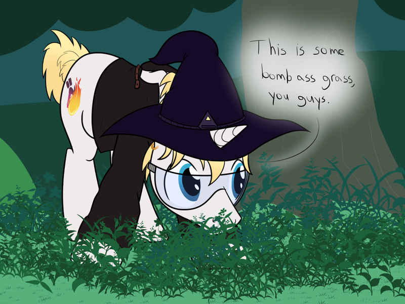 Size: 1000x750 | Tagged: safe, artist:mightyshockwave, derpibooru import, oc, oc:comet tail, unofficial characters only, unicorn, bomb ass tea, glasses, grass, grazing, hat, horses doing horse things, image, jungle, png, witch hat