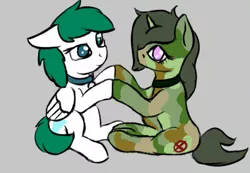 Size: 801x554 | Tagged: safe, artist:barhandar, oc, oc:friendly fire, oc:zephyr, unofficial characters only, pegasus, pony, unicorn, fanfic:zephyr, /mlp/, /ptfg/, 4chan, collar, colored sketch, duo, ears, female, females only, floppy ears, gray background, holding hooves, image, looking at you, mare, pet tag, png, pony pet, simple background, sitting, underhoof