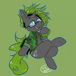 Size: 900x900 | Tagged: safe, artist:krispykakes, derpibooru import, oc, unofficial characters only, pony, unicorn, 2014, clothes, commission, crossed legs, ear piercing, female, glasses, green background, image, jacket, lip piercing, looking at you, mare, open clothes, piercing, png, raised eyebrow, signature, simple background, solo, wristband