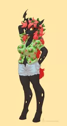 Size: 600x1125 | Tagged: safe, artist:carnifex, derpibooru import, oc, oc:titania, unofficial characters only, anthro, changeling, unguligrade anthro, big breasts, breasts, busty changeling, busty oc, changeling loves watermelon, changeling oc, clothes, commission, denim shorts, female, flower, flower in hair, image, jpeg, red changeling, shorts, simple background, solo, yellow background