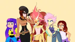 Size: 5010x2832 | Tagged: safe, artist:lyonzyon, derpibooru import, fluttershy, sunset shimmer, equestria girls, equestria girls series, the road less scheduled, the road less scheduled: fluttershy, spoiler:choose your own ending (season 2), spoiler:eqg series (season 2), absurd resolution, alya césaire, beanie, belly button, blushing, bubblegum, choker, clothes, commission, daydream shimmer, ear piercing, earring, eyeshadow, female, fingerless gloves, flutterpunk, food, gloves, gum, hat, image, jewelry, jpeg, looking at you, makeup, miko kubota, miraculous ladybug, one eye closed, open mouth, piercing, simple background, solo, solo female, spiked choker, striped gloves, sunglasses, tanktop, wall of tags, yellow background