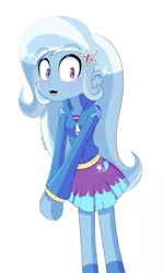Size: 2116x3521 | Tagged: safe, artist:lyonzyon, derpibooru import, trixie, equestria girls, :3, clothes, cute, diatrixes, ears, eyebrows, eyebrows visible through hair, hairpin, hoodie, image, jpeg, looking at you, open mouth, open smile, simple background, skirt, smiling, smiling at you, solo, white background