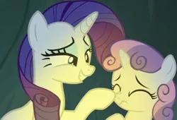 Size: 1356x922 | Tagged: safe, derpibooru import, screencap, rarity, sweetie belle, pony, unicorn, campfire tales, season 7, boop, cropped, eyes closed, female, filly, image, mare, png, siblings, sisters