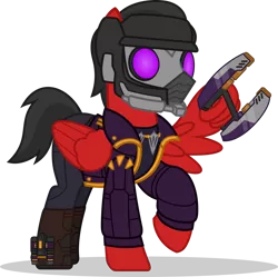 Size: 1280x1274 | Tagged: safe, artist:mlp-trailgrazer, derpibooru import, oc, oc:speedy tempo, pegasus, pony, clothes, cosplay, costume, image, mask, png, simple background, solo, star lord, transparent background, weapon, wing hands, wings