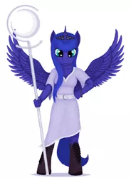 Size: 564x766 | Tagged: safe, artist:xodok, derpibooru import, princess luna, alicorn, anthro, unguligrade anthro, series:ponyashnost, clothes, crown, dress, female, horn, image, jewelry, looking at you, moon, pendant, png, regalia, simple background, smiling, staff, white background, wings