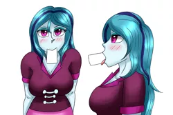 Size: 1800x1200 | Tagged: suggestive, artist:zachc, derpibooru import, sonata dusk, equestria girls, alternate hairstyle, blushing, clothes, image, implied blowjob, implied oral, implied sex, looking at you, png, simple background, solo, white background