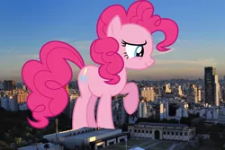 Size: 2336x1564 | Tagged: safe, artist:dashiesparkle, derpibooru import, pinkie pie, earth pony, pony, argentina, buenos aires, female, giant pinkie pie, giant pony, giant/macro earth pony, giantess, highrise ponies, image, irl, macro, mare, mega giant, photo, png, ponies in real life