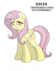 Size: 3166x3997 | Tagged: safe, artist:darkstorm mlp, derpibooru import, discord, fluttershy, pegasus, pony, cute, eris, female, image, mare, png, rule 63, shapeshifting, simple background, smiling, solo, transformed, white background