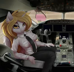 Size: 4100x3984 | Tagged: safe, artist:pony-way, derpibooru import, oc, unofficial characters only, alicorn, anthro, alicorn oc, clothes, cockpit, horn, image, looking at you, plane, png, uniform, wings