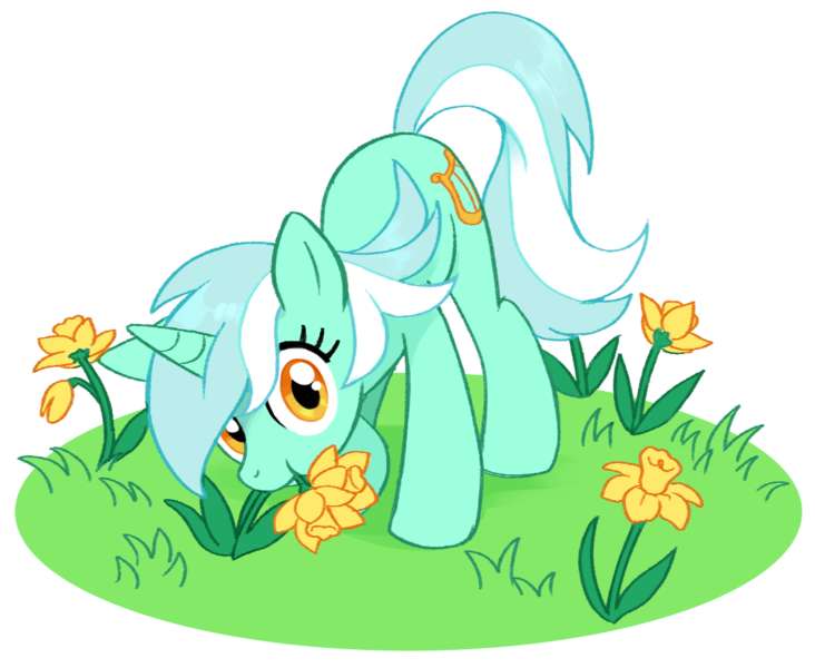 Size: 1137x932 | Tagged: safe, artist:marbo, lyra heartstrings, pony, unicorn, background pony, eating, eating flower, female, flower, grass, image, looking at you, mare, png, requested art, simple background, solo, transparent background