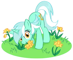 Size: 1137x932 | Tagged: safe, artist:marbo, lyra heartstrings, pony, unicorn, background pony, eating, eating flower, female, flower, grass, image, looking at you, mare, png, requested art, simple background, solo, transparent background