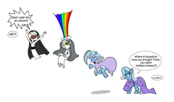 Size: 1566x919 | Tagged: safe, artist:cyanoray, derpibooru import, trixie, ghost, human, pony, undead, unicorn, akiko, annoyed, cape, character to character, clothes, crossover, female, image, jumping, mare, offscreen character, png, rainbow, simple background, swirly eyes, transformation, transformation sequence, white background, wishfart, yuurei