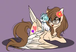 Size: 1280x873 | Tagged: safe, artist:donnie-moon, derpibooru import, oc, unofficial characters only, dog, pegasus, pony, duo, eyelashes, female, flower, flower in hair, glasses, helmet, image, jpeg, looking back, mare, simple background, two toned wings, wings