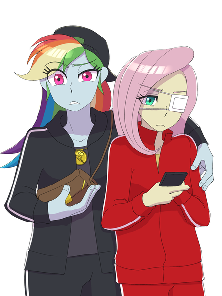 Size: 1620x2160 | Tagged: safe, artist:haibaratomoe, derpibooru import, fluttershy, rainbow dash, equestria girls, backwards ballcap, baseball cap, cap, cutie mark accessory, cutie mark necklace, eyepatch, hat, image, jewelry, necklace, phone, png, satchel