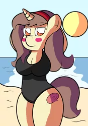 Size: 2550x3640 | Tagged: safe, artist:sparkfler85, derpibooru import, oc, oc:hymyt, unofficial characters only, anthro, unicorn, arm behind head, beach, big breasts, blushing, breasts, clothes, derpibooru exclusive, female, headband, image, jpeg, ocean, sand, sexy, solo, sun, swimsuit, water