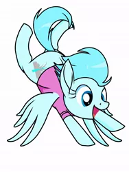 Size: 768x1024 | Tagged: safe, artist:windy breeze, derpibooru import, oc, oc:windy breeze, pegasus, pony, clothes, female, flying, happy, image, jpeg, mare, shirt, simple background, solo, t-shirt, windswept tail