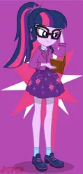 Size: 1026x2160 | Tagged: safe, artist:jcpreactyt, derpibooru import, sci-twi, twilight sparkle, equestria girls, book, bow, clothes, dress, glasses, hair, image, jacket, png, ponytail, purple background, shirt, shoes, simple background, skirt, socks, stars