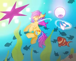 Size: 1280x1033 | Tagged: safe, artist:heart shy, artist:lemoncola, artist:noir, artist:solar flare, artist:springdawn, artist:yuerain sparkle, artist:幻屑_official, derpibooru import, oc, unofficial characters only, earth pony, fish, jellyfish, pony, bubble, crepuscular rays, hexagram, image, light, ocean, open mouth, png, seaweed, smiling, solo, sunlight, underwater, water